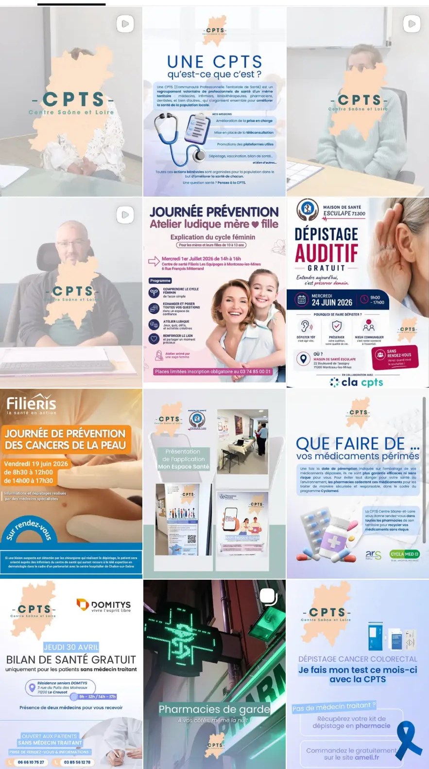 Grille Instagram de la CPTS Centre Saône-et-Loire : affiches prévention, dépistages et contenus créés par Solène Lalle